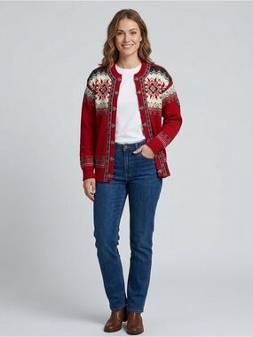 Rare Vintage Dale of Norway Cardigan Sweater Womens L Red Nordic Fair Isle